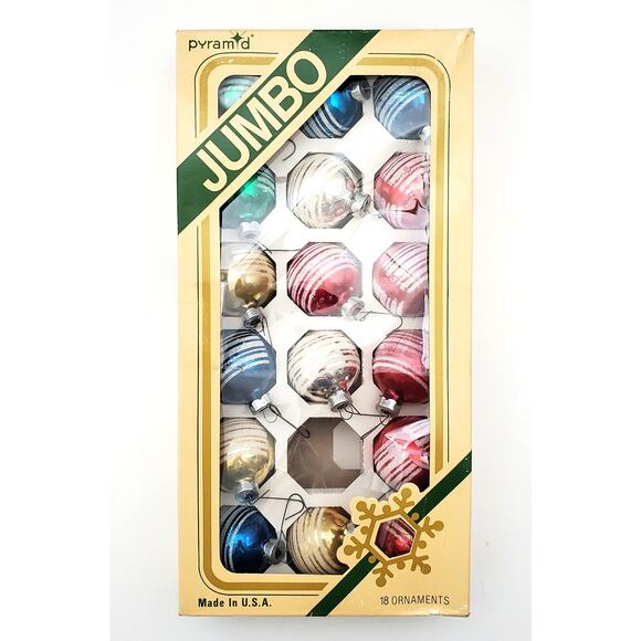 Vtg Pyramid Jumbo Glass Ornaments w/ White Glitter Stripes Boxed 17 ct Red Blue - Picture 2 of 10